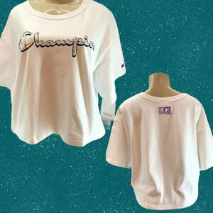 Champion L White Logo Graphic MTV Collaboration Patch Crewline Short Sleeve Tee